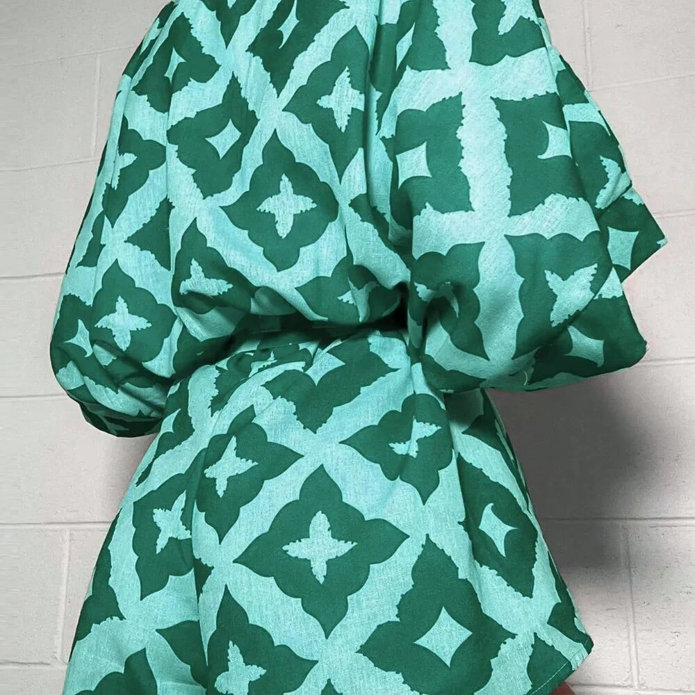 Green Casual Women's Holiday All-Over Print Loose Front-Button Jumpsuit